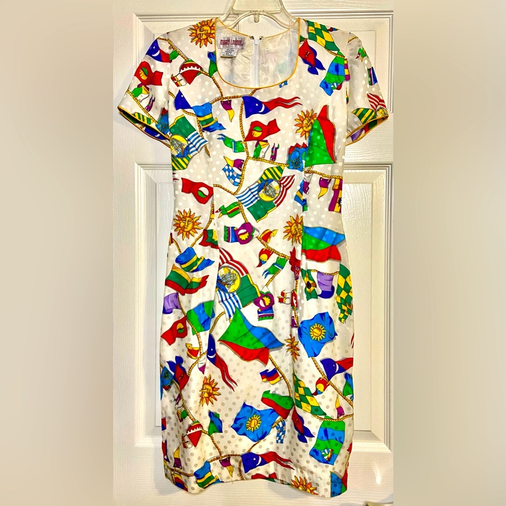 Maggy London 100% silk multicolor Flags Themed dress, size 4